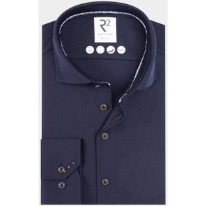 R2 Amsterdam - Casual Hemd - Blauw - Lange Mouw - Solid Herringbone Knitted