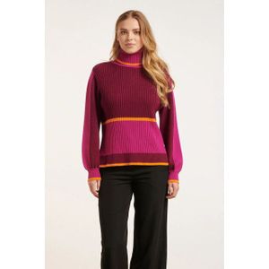 Smashed Lemon - Kleurblok Gebreide Top - Cerise - Turtle Neck