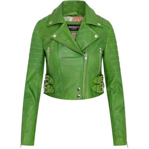 Dames - Appelgroen - Brando - Leren Bikerjack - Cropped