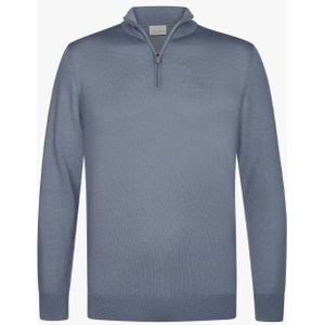 Profuomo - Slim Fit Trui - Blauw - Korte Rits - 100% Wol