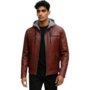 Heren - Ingham - Bikerjack - Burgundy - Lamsleer - Met Capuchon