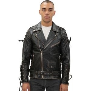 Heren - Leren Bikerjack - Chicago - Zwart - Reliëf