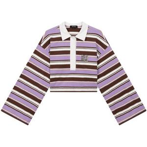 Refined Department - T-shirt - Bruin met Lila Strepen - Dames - Korte Mouwen - Knitted Cropped Polo