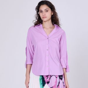 Shirt - Breed Schouderbanden - 3/4 Mouwen - V-hals - Licht Gladde Popeline