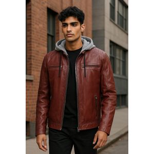 Heren - Kingston - Bikerjas - Burgundy - Lamsleer - Met Capuchon