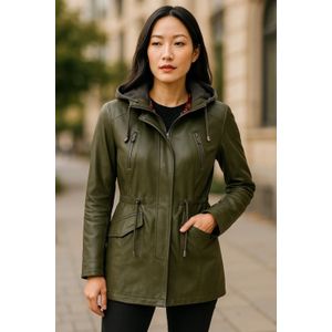 Dames - Clare - Leren Parka - Groen - Met Capuchon