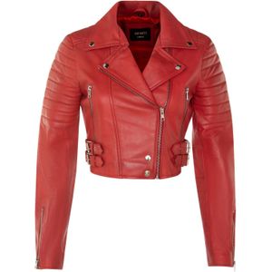 Dames - Brando - Leren Jas - Zwart - Bijgesneden