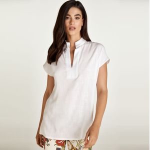 Linnen Top - Wit - Mouwloos - Met Mandarijnkraag - Ontspannen Silhouet