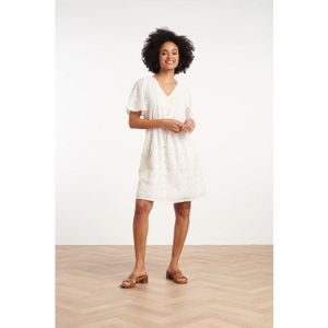 Smashed Lemon - 35002 - Korte Jurk - Crème Wit - Geborduurde Bloemenprint