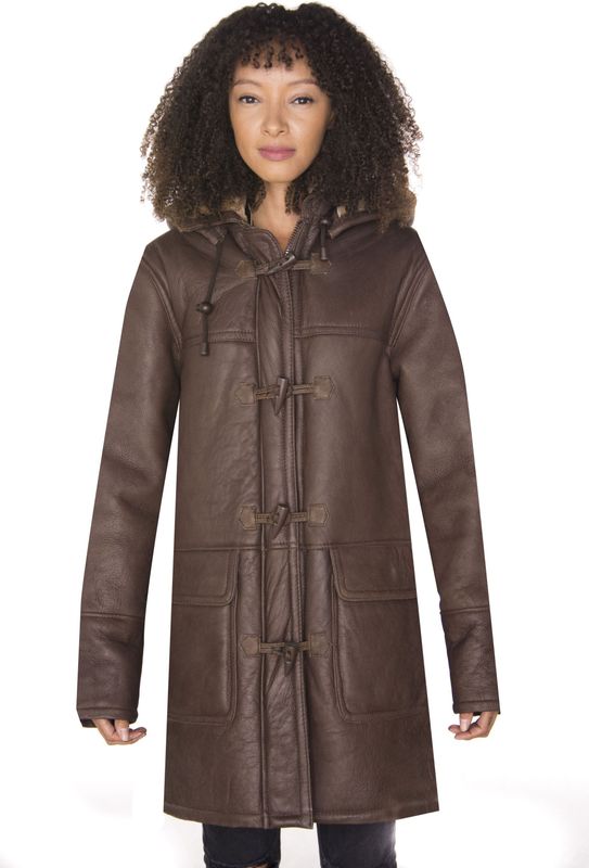 Dames - Schapenvacht - Leren Duffelcoat - Bruin - Charlotte