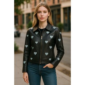 Renmark - Leren Bikerjack - Zwart - Dames - Met Hartjesmotief