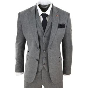 Heren - 3-delig - Donkergrijs - Visgraatwol - Tweed Retro Pak
