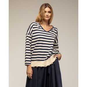 Imprimétops - Gestreepte Top - V-hals - Gerafeld aan de Zoom - Geborduurd Detail