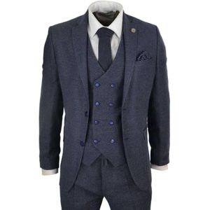 Heren - Gilet - Blauw - 3-delig Pak - Double Breasted - Tweed - Peaky Blinders Jaren 1920