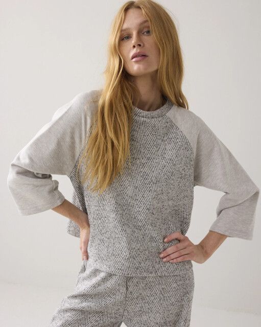 Summum Woman - Boxy Visgraat Top - Grijs - 3/4 Mouwen - Polyester