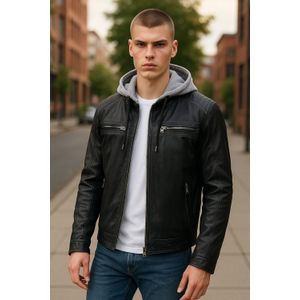 Heren - Kingston - Lamsleren Bikerjack - Blauw - Met Capuchon