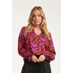 Smashed Lemon - 24516 - Gedrukte Top - Fuchsia - V-halslijn - Lange Pofmouwen