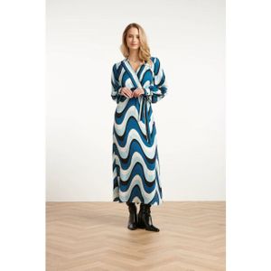Smashed Lemon - Maxi Jurk - Zwart met Licht- en Donkerblauwe Golfprint