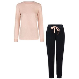 By Louise Dames winter pyjama set lang badstof roze/donkerblauw gestipt
