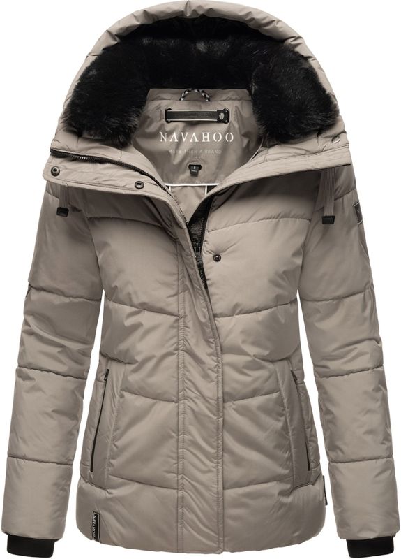 Navahoo Winterjas voor dames, warme gewatteerde jas met capuchon en afneembare kraag van imitatiebont Sag ja XIV S-3XL, Donkerblauw, S