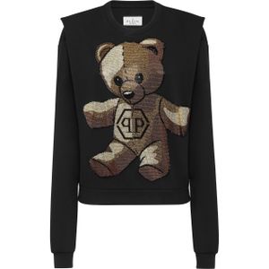 Philipp Plein - Cropped Padded Shoulder Sweatshirt - Zwart - Met Kristallen Teddybeer
