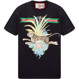 Zwart T-shirt met normale pasvorm van Gucci Flower Tiger Design