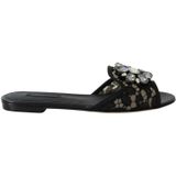 Dolce Gabbana - Kanten Slides - Zwart - Stof en Leer - Beige Zool