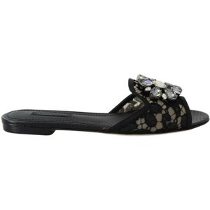 Dolce Gabbana - Kanten Slides - Zwart - Stof en Leer - Beige Zool