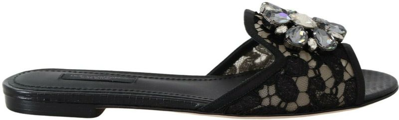 Dolce Gabbana - Kanten Slides - Zwart - Stof en Leer - Beige Zool