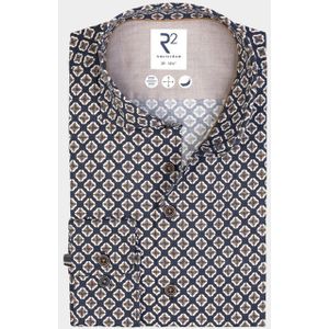 R2 Amsterdam - Casual Hemd - Blauw - Lange Mouw - Beige Print - Poplin