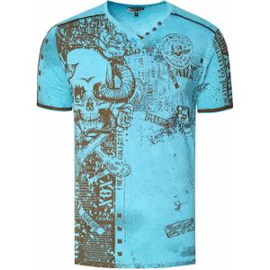 Rusty Neal - T-shirt - V-hals - All-over Skull- en Slangprint - Suède Details