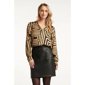 Smashed Lemon - Zwart-gouden Grafische Geprinte Top - Dames - V-hals met Kraag