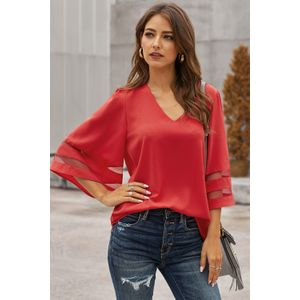 Rode V-hals Blouse met 3/4 Mouwen en Netinzet