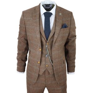 Heren - 3-Piece Wollen Pak - Eikenbruin - Tweed - Visgraat Ruit - Peaky Blinders Gatsby