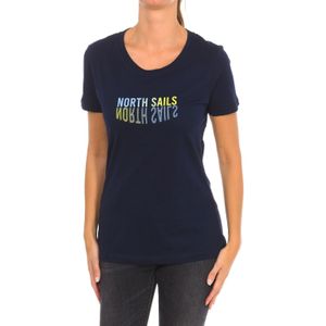 North Sails - T-shirt - Blauw - Dames - Katoen - Korte Mouwen - Geribbelde Halslijn