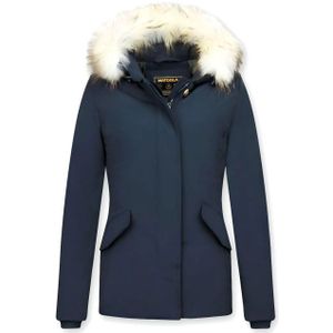Matogla - Korte Dames Winterjas - Blauw - Echte Bontkraag Wit - Gewatteerd