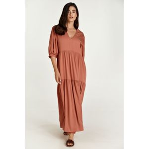 Maxi Jurk - Terracotta - V Hals - Elleboogpofmouwen