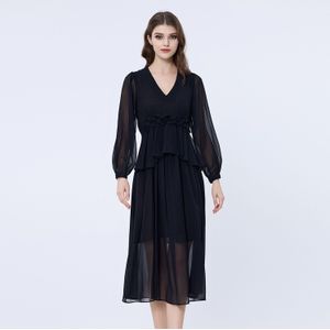 Lange Ruche Chiffon Jurk - Trapeze - 135 cm - Geknoopte Lange Mouwen - V Halslijn