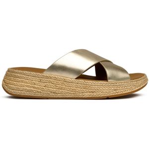 FitFlop - F-Mode Espadrille Leather Flatform Cross Slides - Platino - Leer, Microwobbleboard Tussenzool