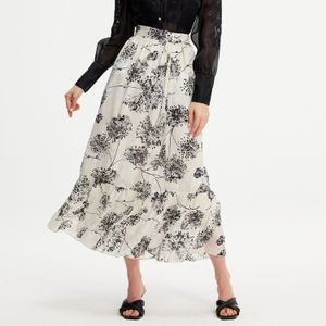Rok - Lichte Sluier - Lange Rok - Met Lineaire Print en Ruches