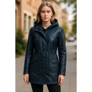 Dames - Clare - Leren Parka - Blauw - Met Capuchon