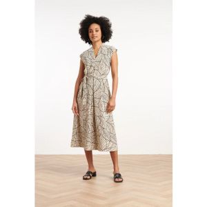 Smashed Lemon - Midi Jurk - Zand/Zwart - Grafische Bladprint - V-hals