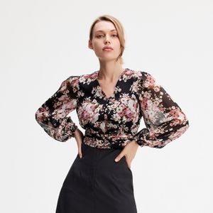 Blouse - Gestructureerde Bloemenprint - Korte Mouwen - V-halslijn