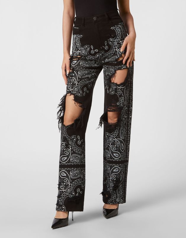 Philipp Plein - Wide-leg Jeans Paisley - Zwart - Stone-washed Denim