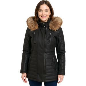 Dames - Gewatteerde Leren Parka Jas - Zwart - Bowen
