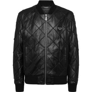Philipp Plein - Leather Bomber Matelassè Studs - Jack - Wit