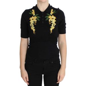 Dolce & Gabbana Zwarte Zijde Bloemen Geborduurd Polo Top