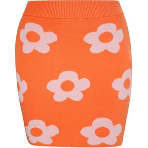 Mymo - Rock - Oranje - Gebreide Minirok - Bloemenpatroon - Jacquarddessin