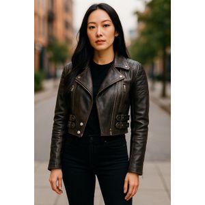 Vintage - Brando - Leren Bikerjack - Zwart - Cropped