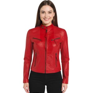 Dames - Tulsa - Leren Bikerjack - Rood - Casual Slim-Fit
